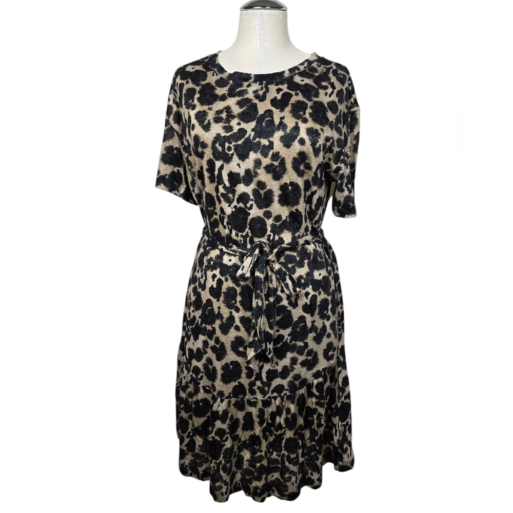 Current/Elliott Animal Print Belted Short Sleeves Linen Dress 2